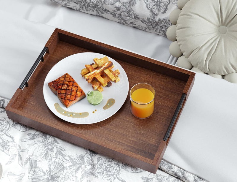 Fibogollo Bamboo Serving Tray with Metal Handles,17x12in Ottoman Decorative Trays Platter for Coffee Table,Living Room,Bar,Party,Large(Brown) - Image 2